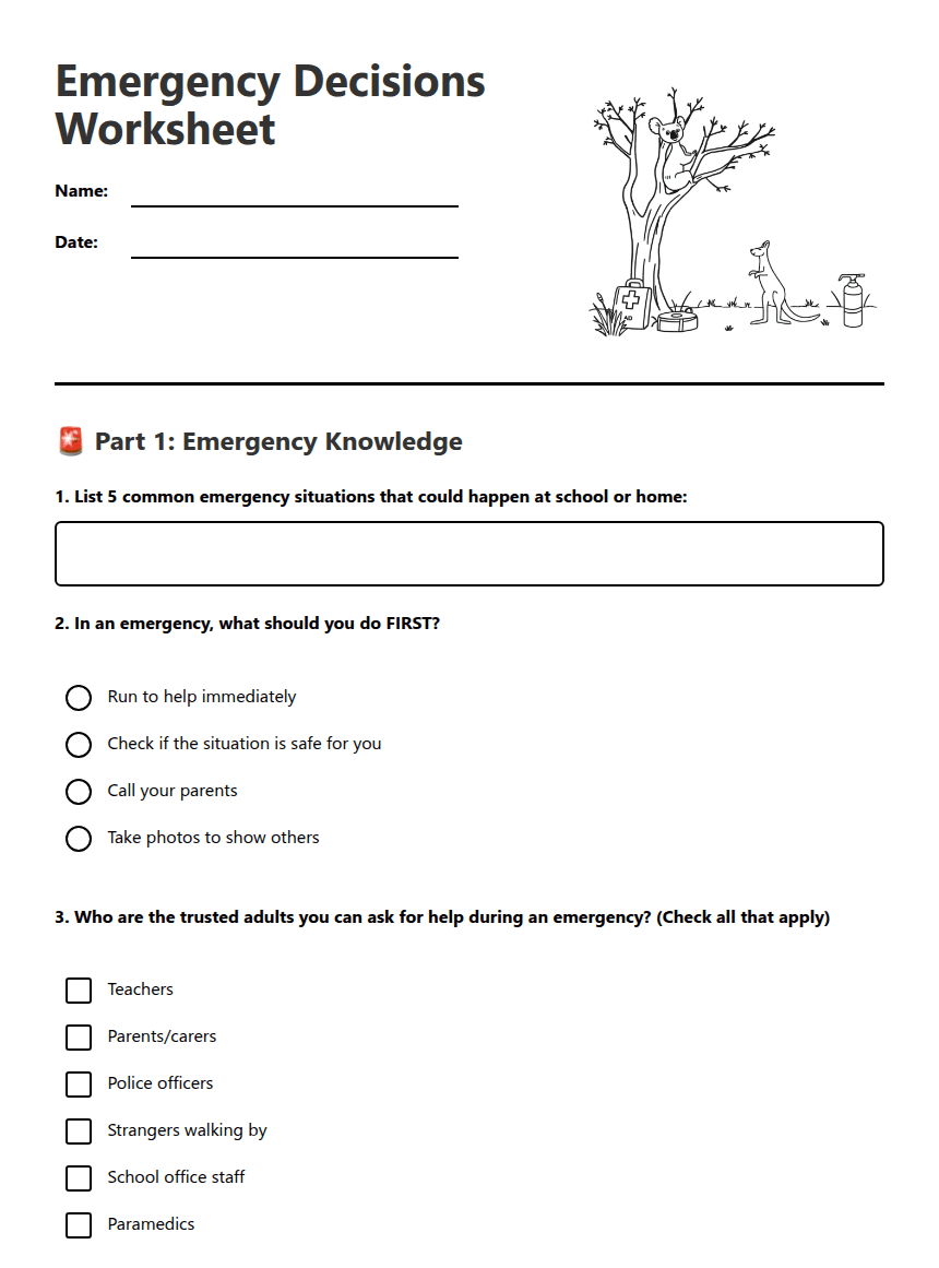 Emergency Decisions Worksheet worksheet preview