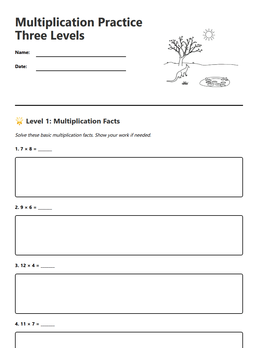 Multiplication Practice Three Levels worksheet preview