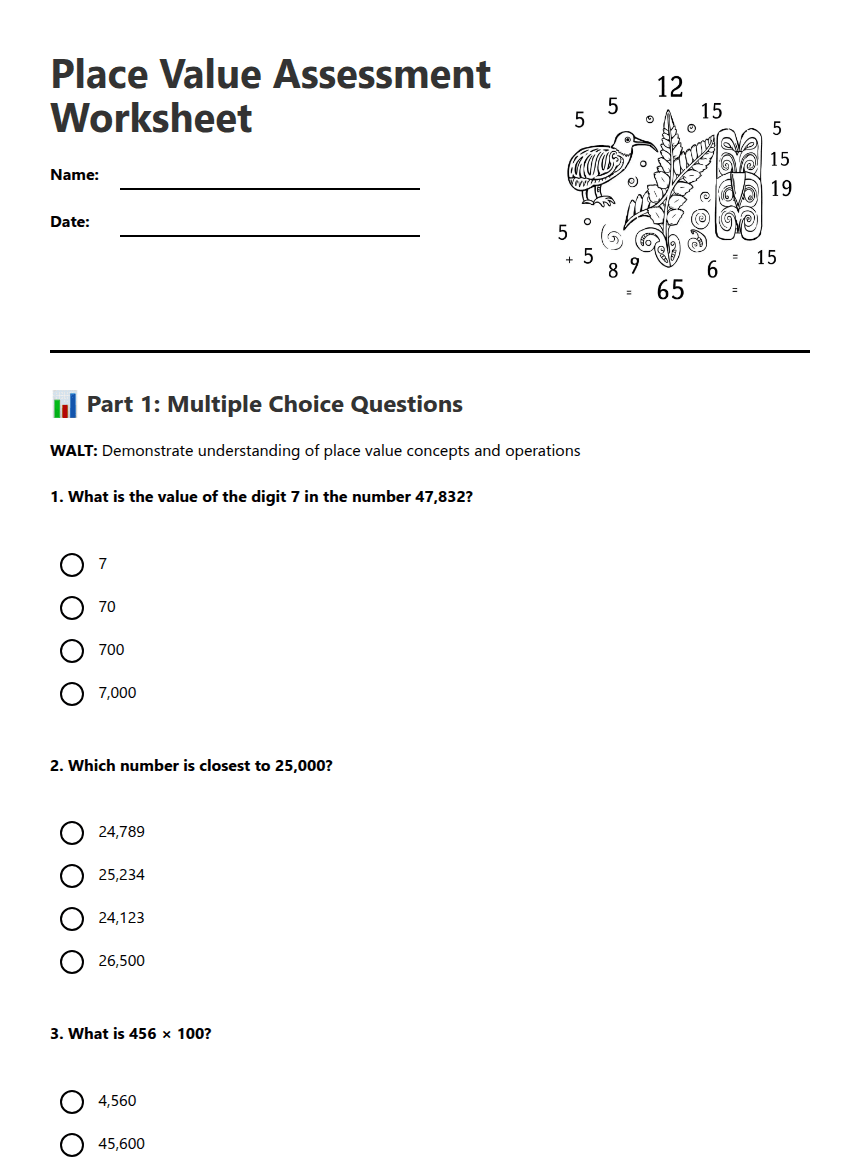 Place Value Assessment Worksheet worksheet preview
