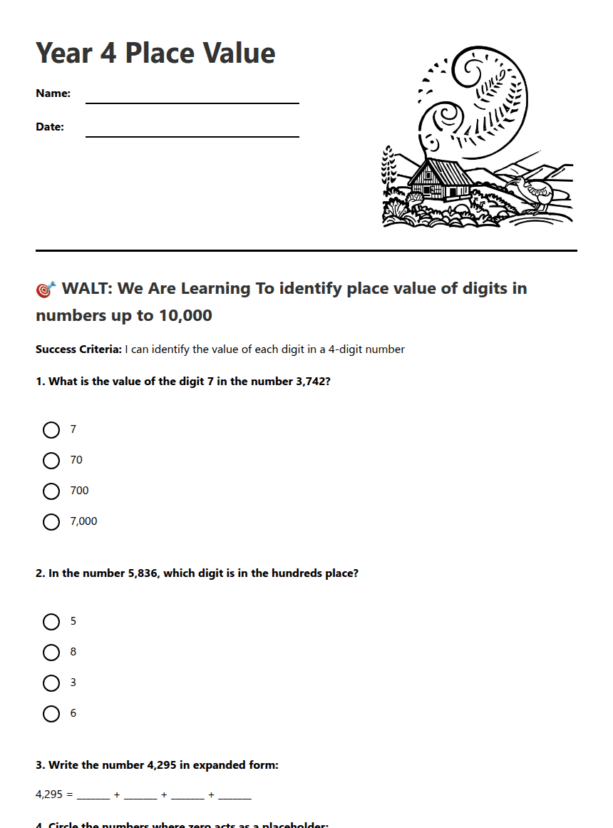 Year 4 Place Value worksheet preview