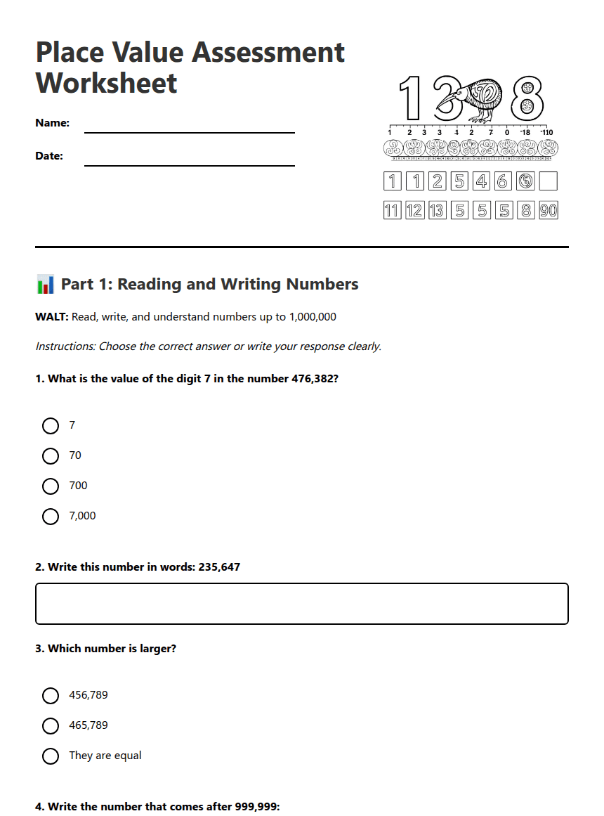 Place Value Assessment Worksheet worksheet preview