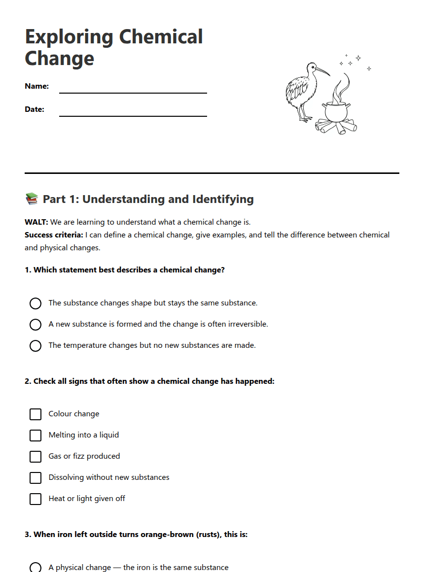 Exploring Chemical Change worksheet preview