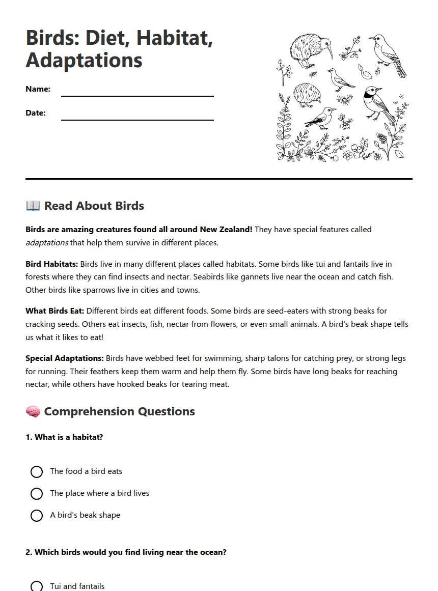 Birds: Diet, Habitat, Adaptations worksheet preview