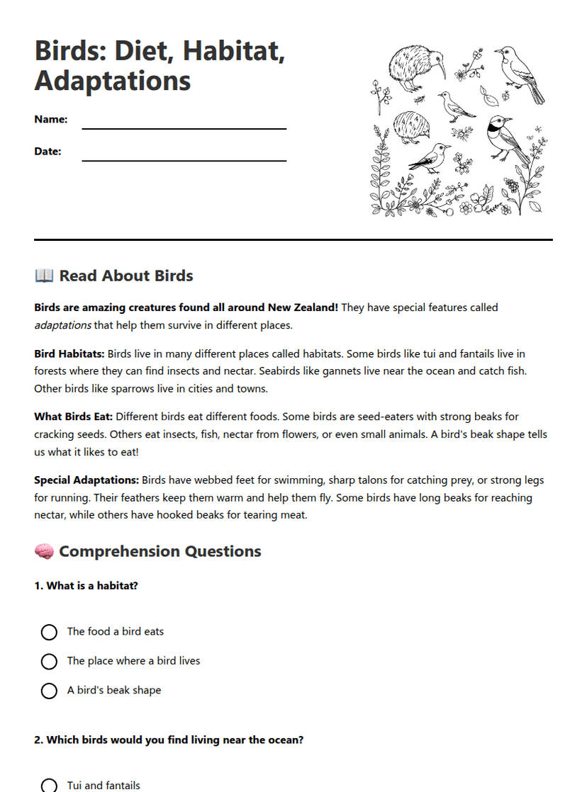 Birds: Diet, Habitat, Adaptations