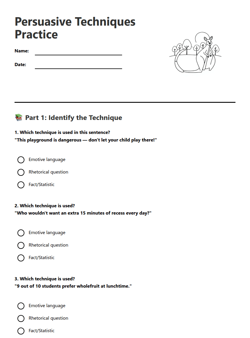 Persuasive Techniques Practice worksheet preview