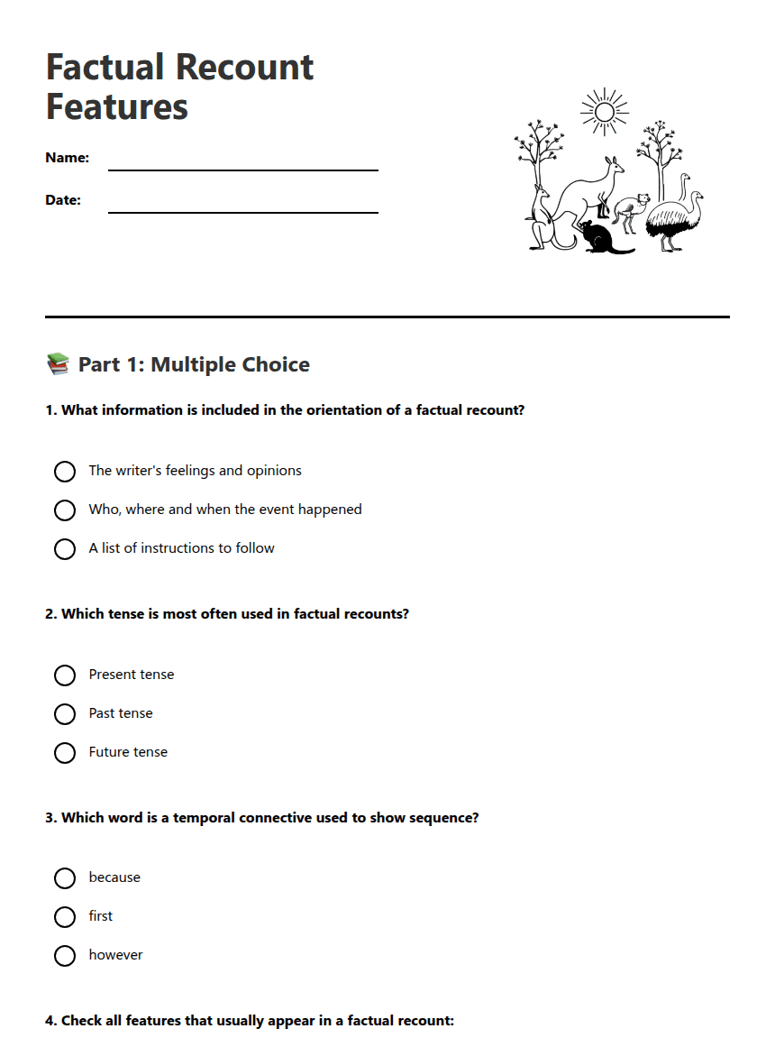 Factual Recount Features worksheet preview