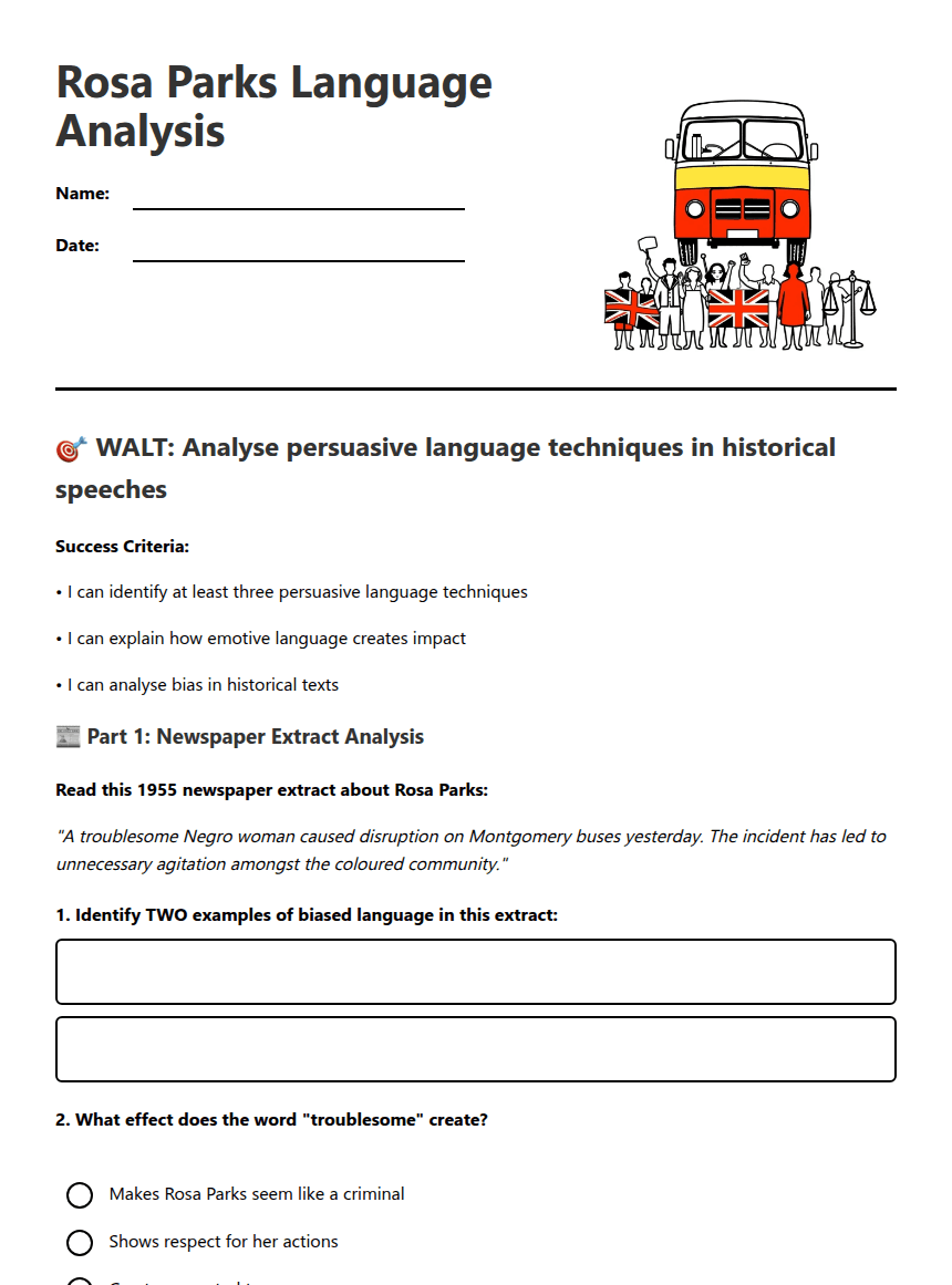 Rosa Parks Language Analysis worksheet preview