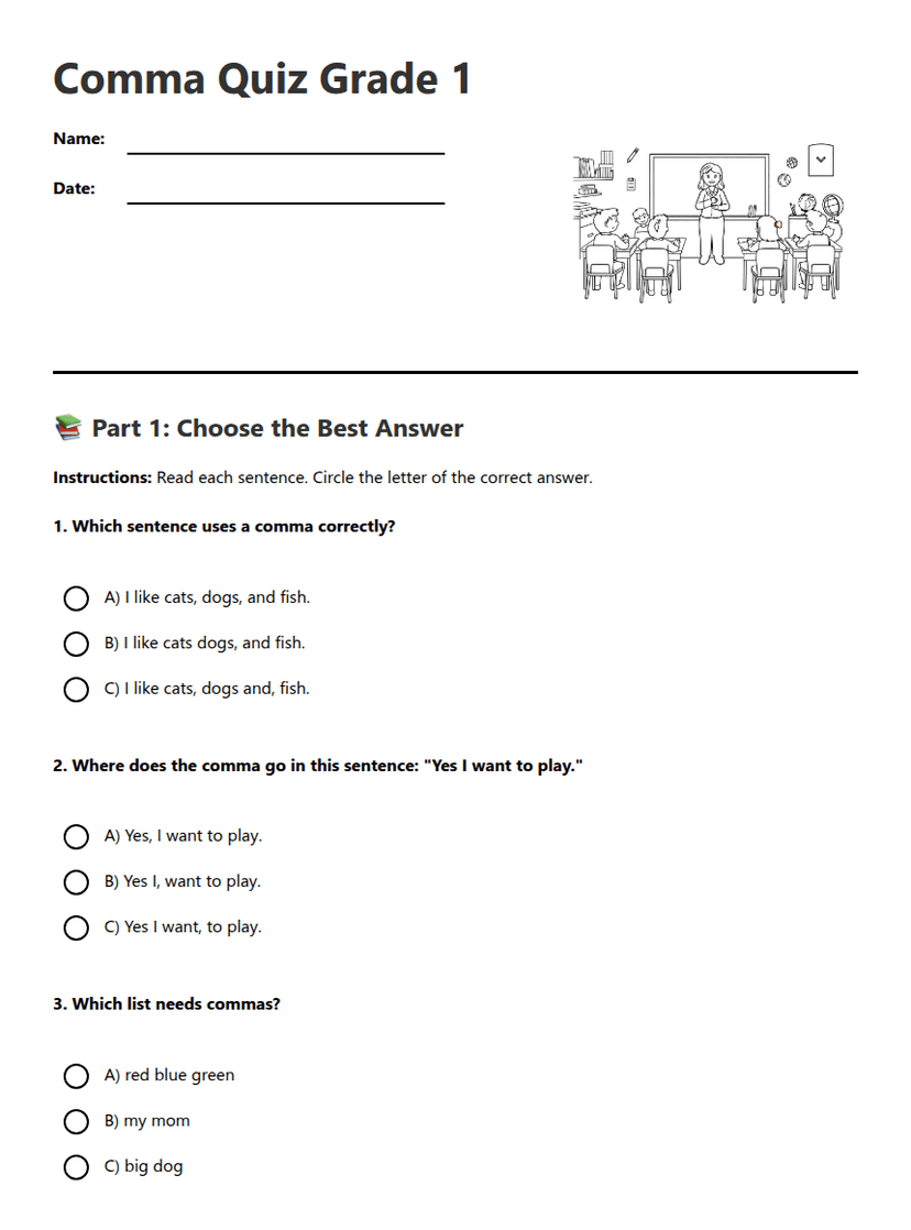 Comma Quiz Grade 1