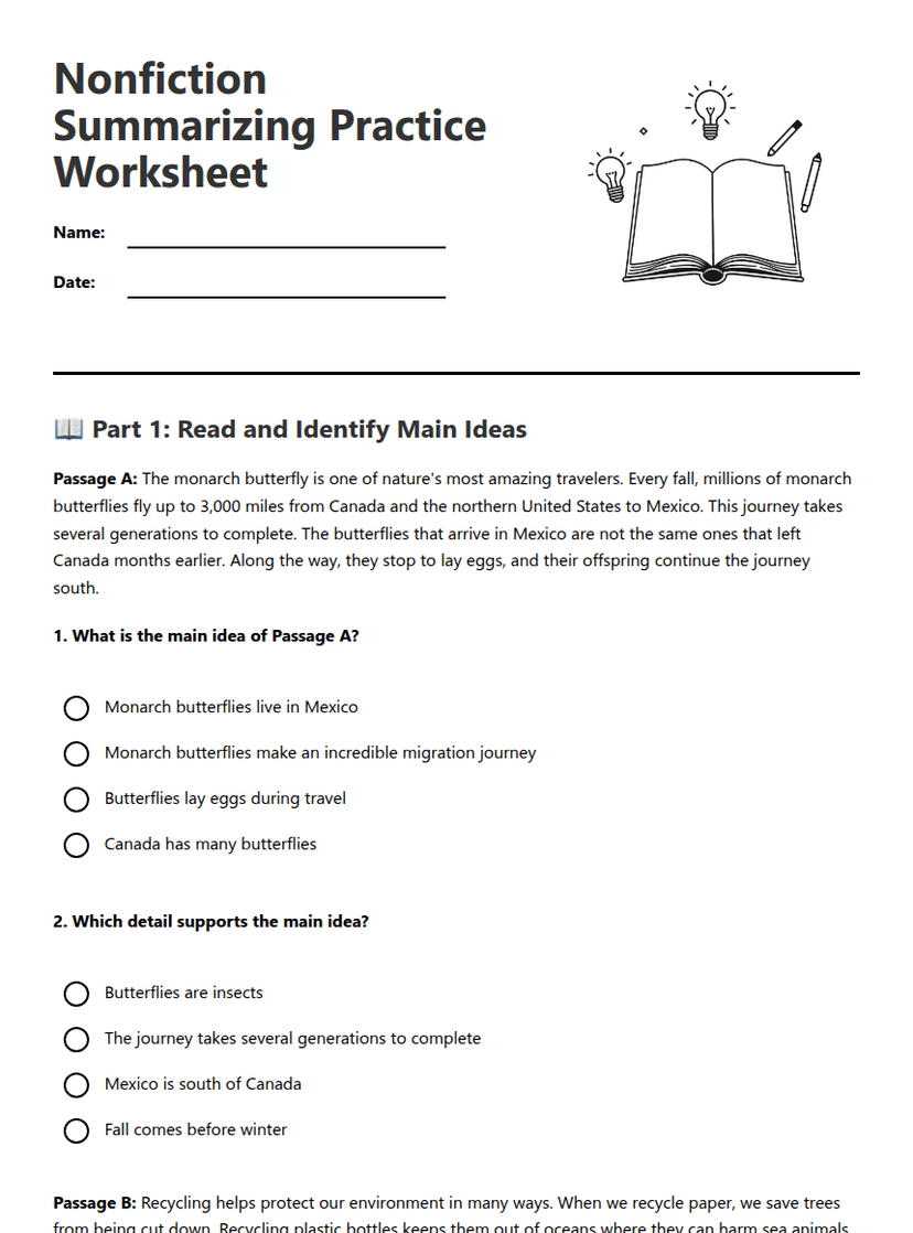 Nonfiction Summarizing Practice Worksheet