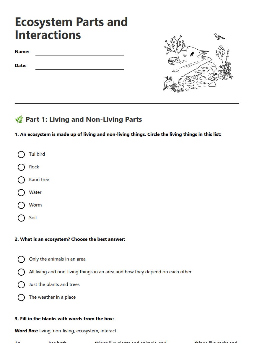 Ecosystem Parts and Interactions worksheet preview