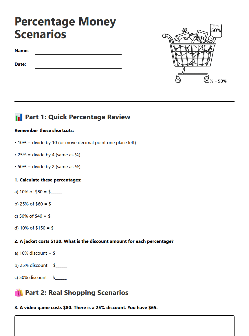 Percentage Money Scenarios worksheet preview