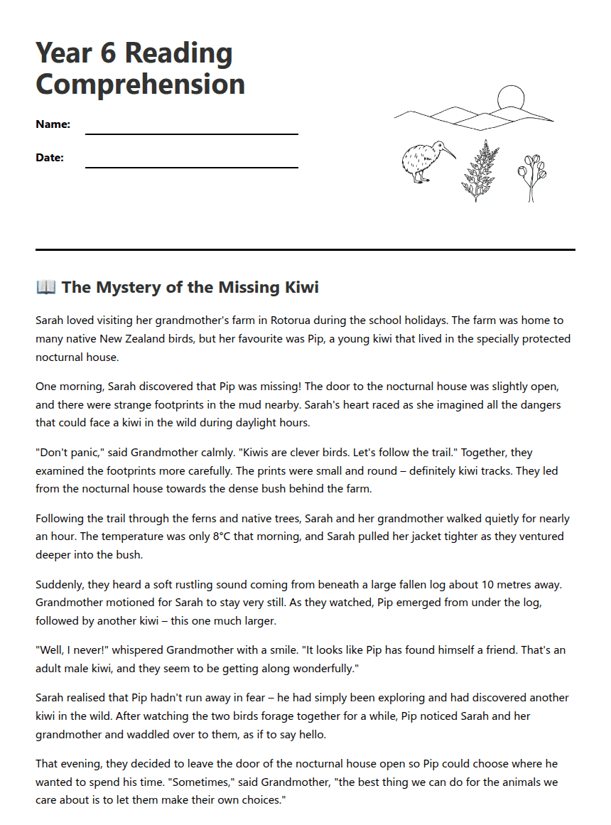 Year 6 Reading Comprehension worksheet preview