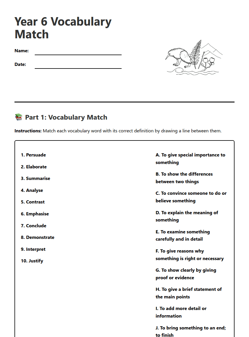 Year 6 Vocabulary Match worksheet preview