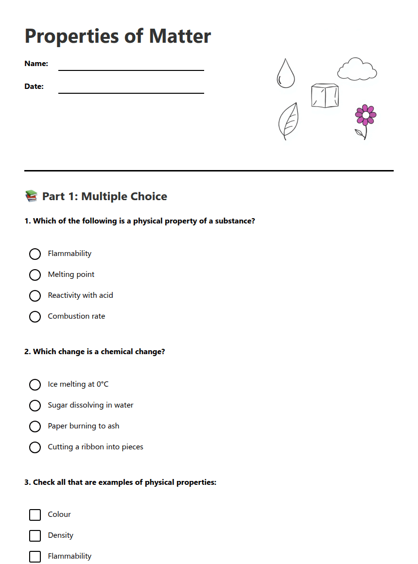 Properties of Matter worksheet preview