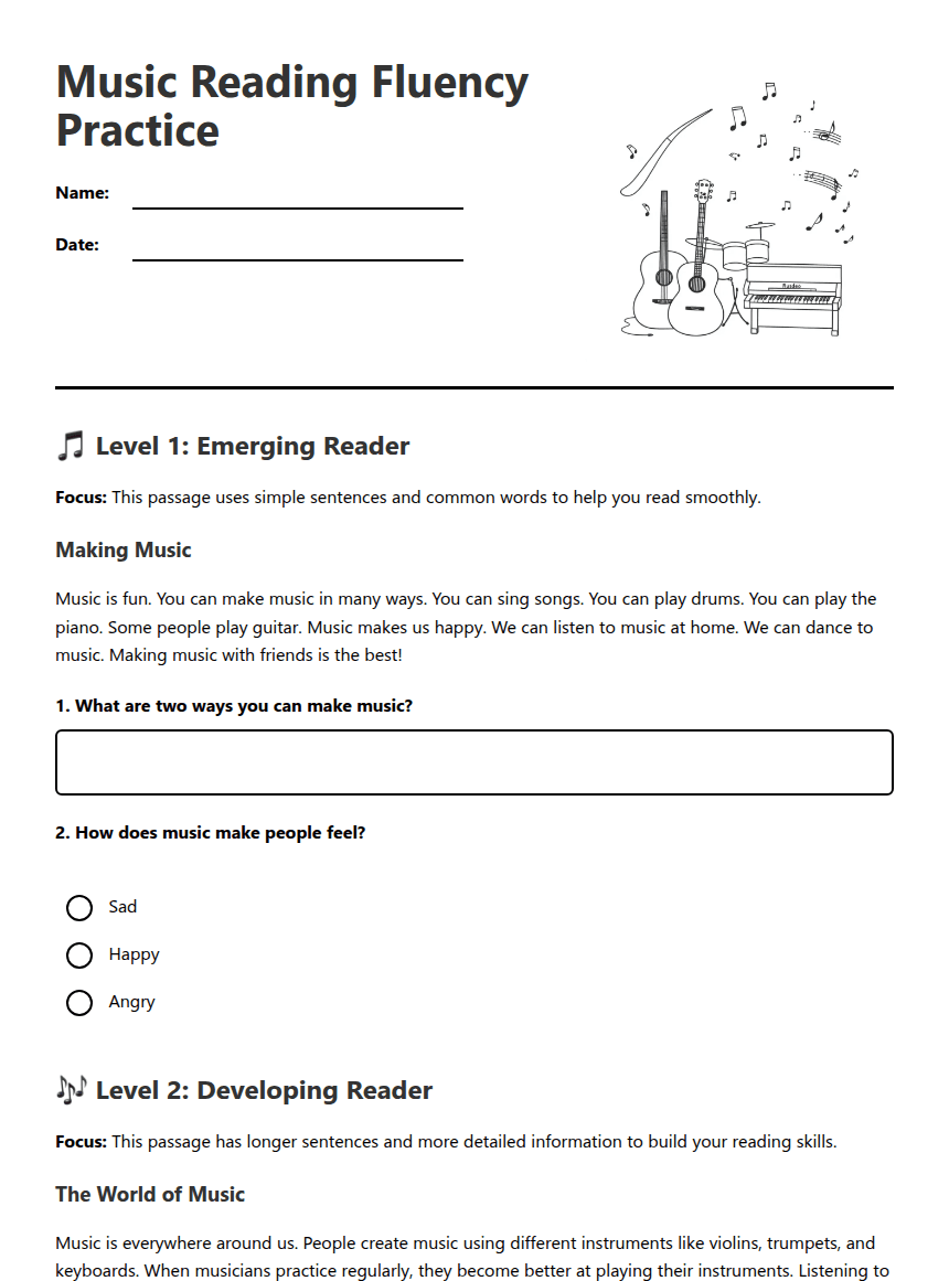 Music Reading Fluency Practice worksheet preview