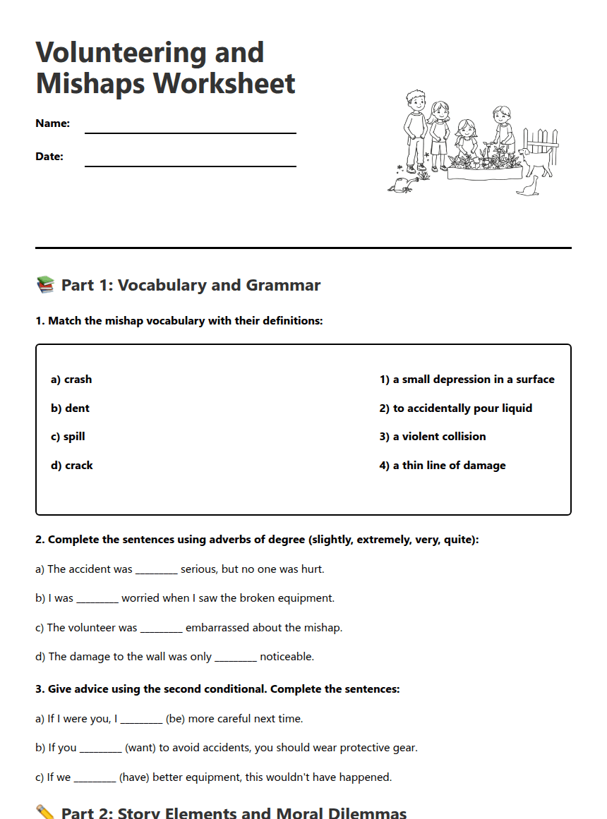 Volunteering and Mishaps Worksheet worksheet preview