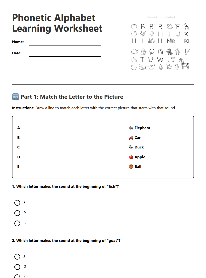 Phonetic Alphabet Learning Worksheet worksheet preview