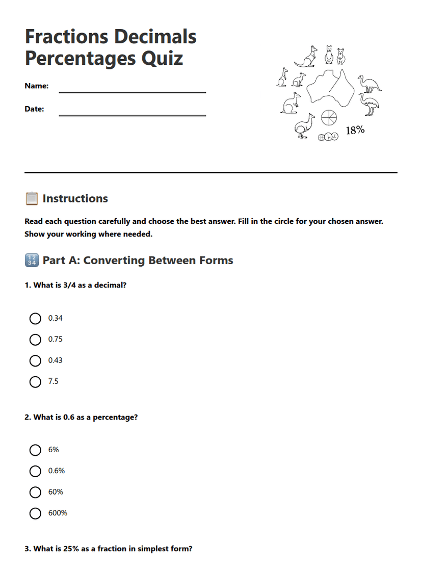 Fractions Decimals Percentages Quiz