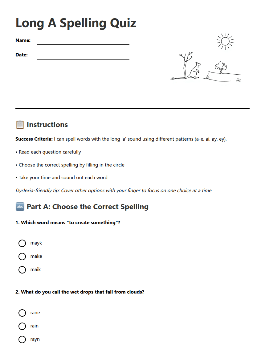 Long A Spelling Quiz worksheet preview