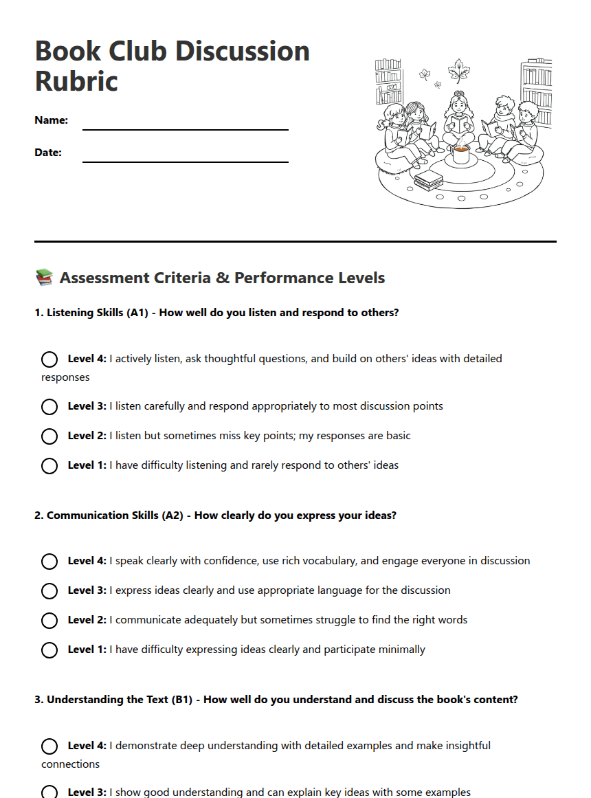 Book Club Discussion Rubric worksheet preview