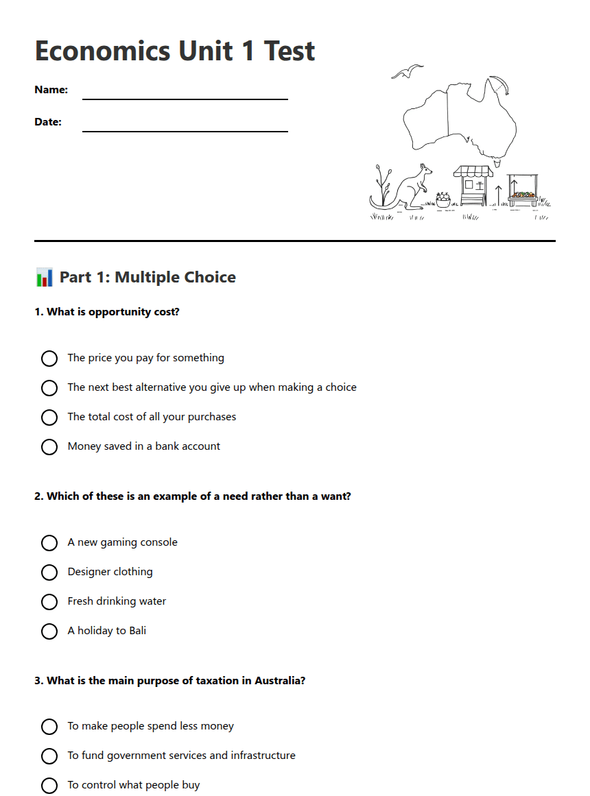 Economics Unit 1 Test worksheet preview