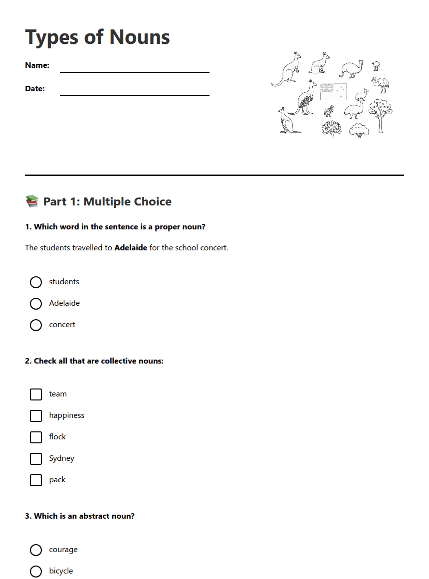Types of Nouns worksheet preview