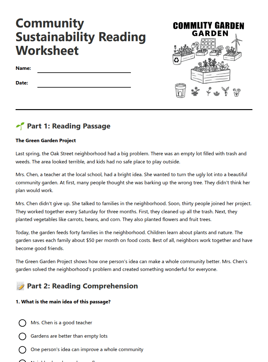 Community Sustainability Reading Worksheet worksheet preview