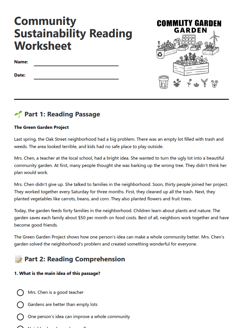 Community Sustainability Reading Worksheet