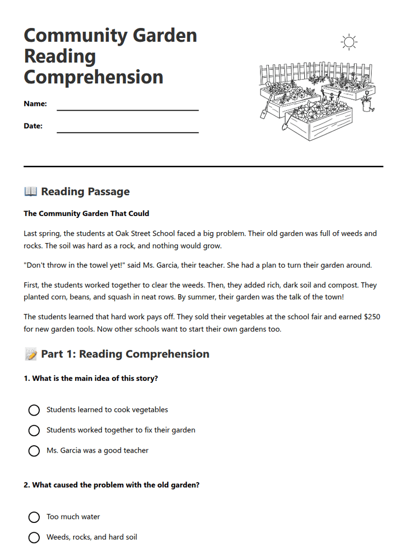 Community Garden Reading Comprehension