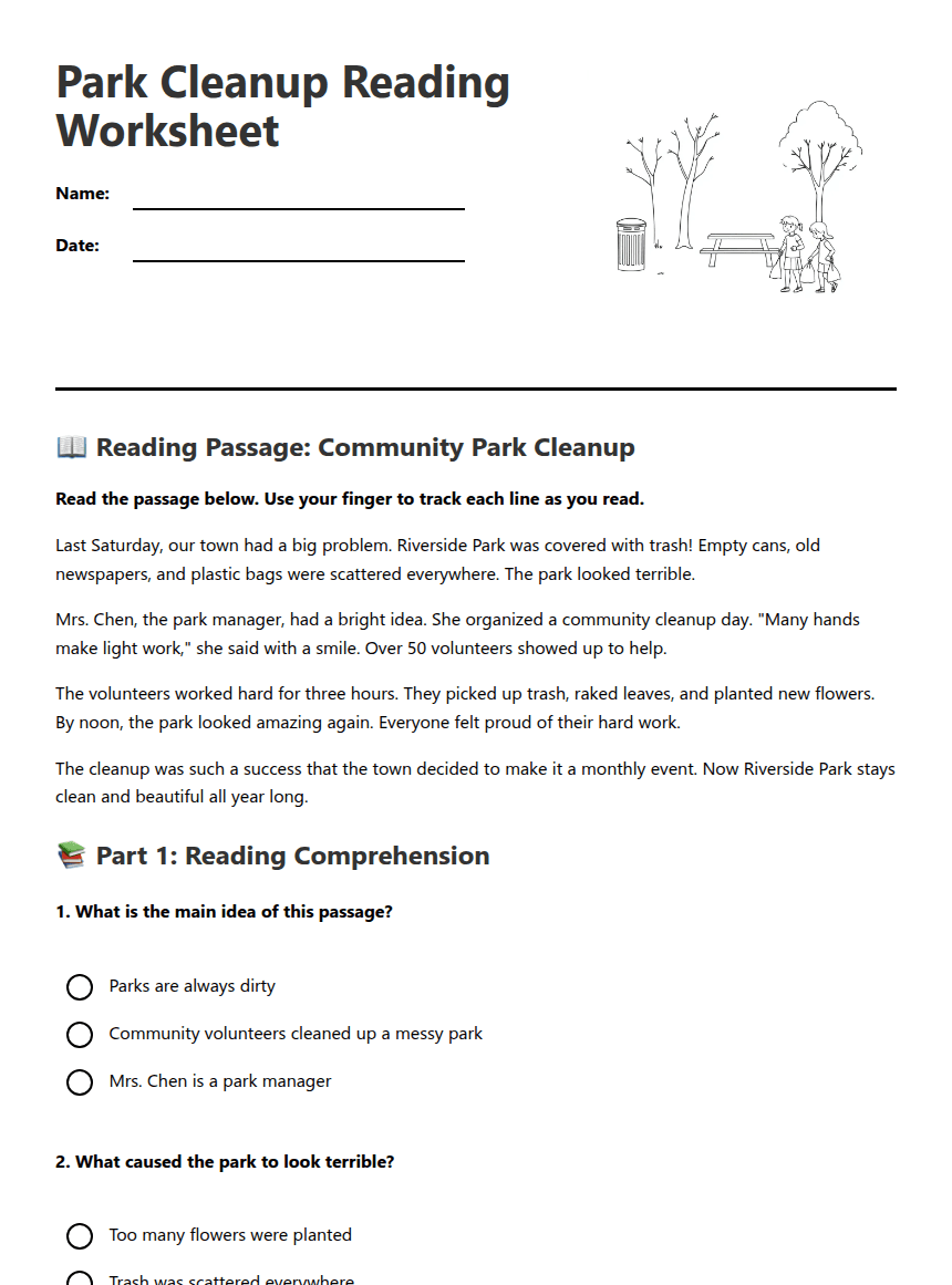 Park Cleanup Reading Worksheet worksheet preview