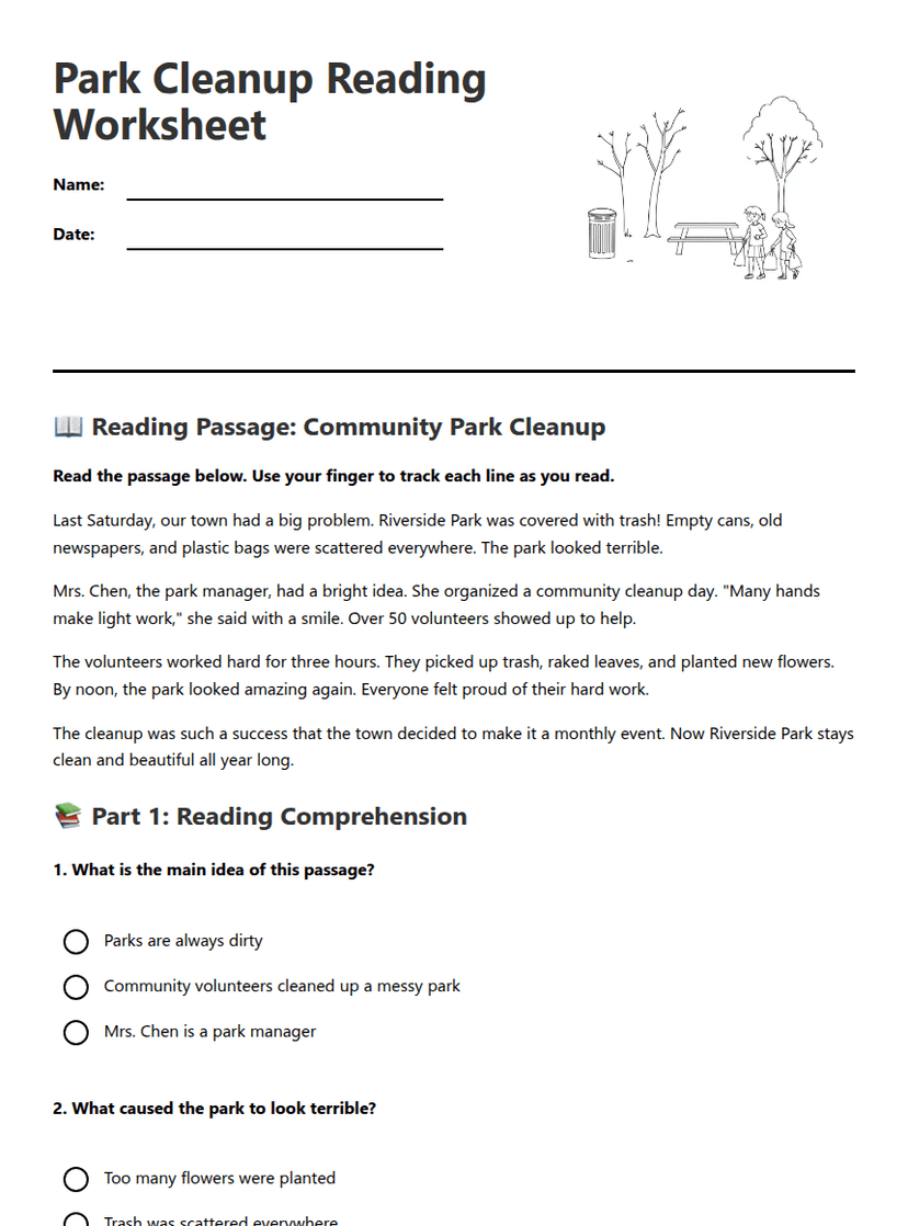 Park Cleanup Reading Worksheet