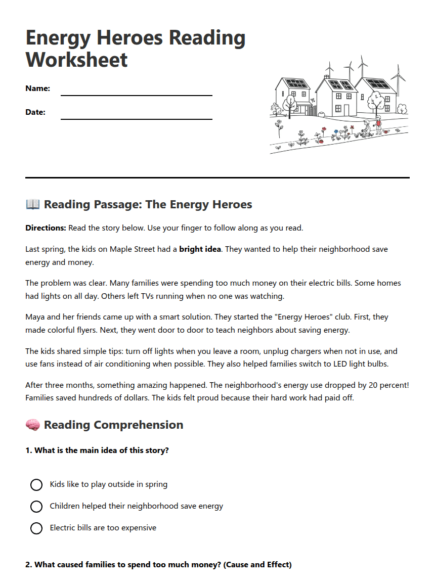 Energy Heroes Reading Worksheet worksheet preview