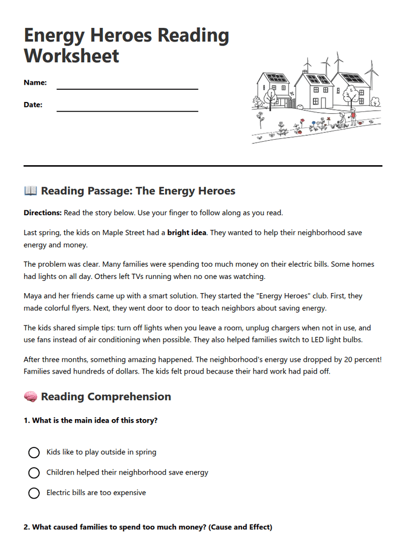 Energy Heroes Reading Worksheet