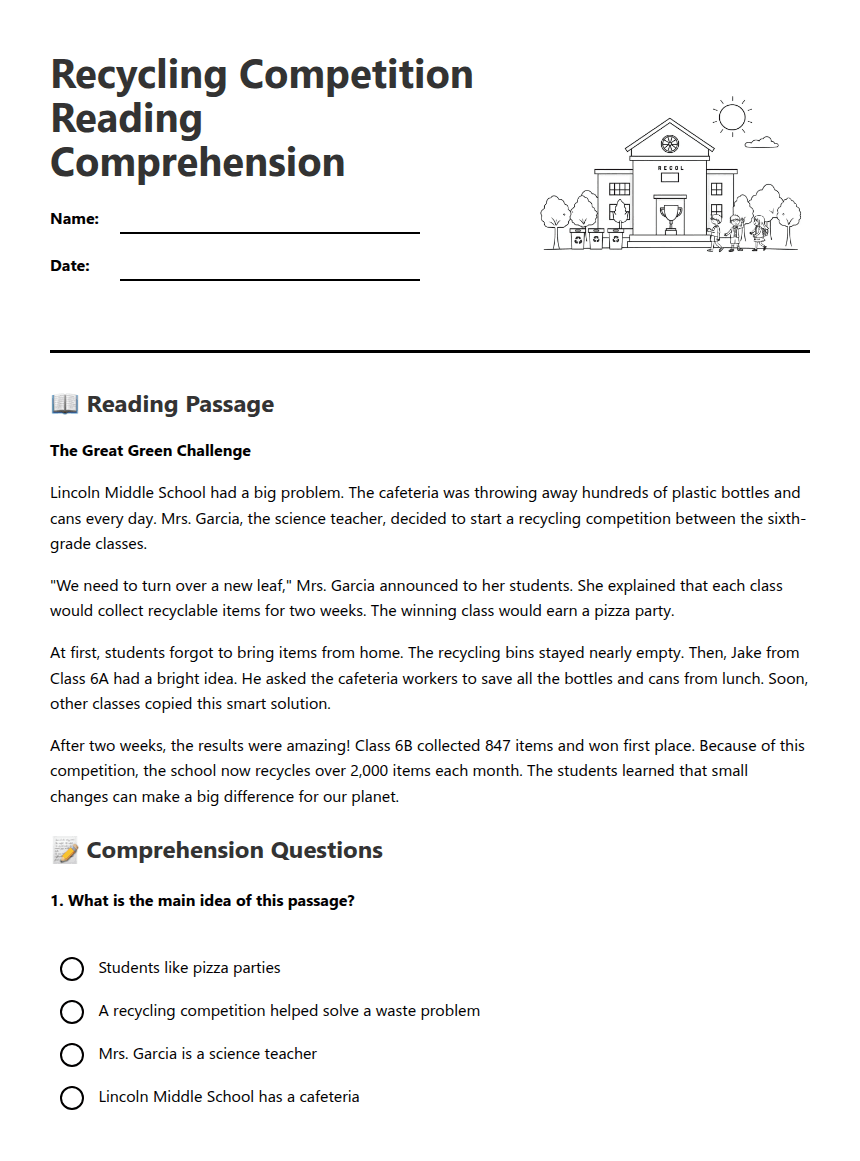 Recycling Competition Reading Comprehension worksheet preview