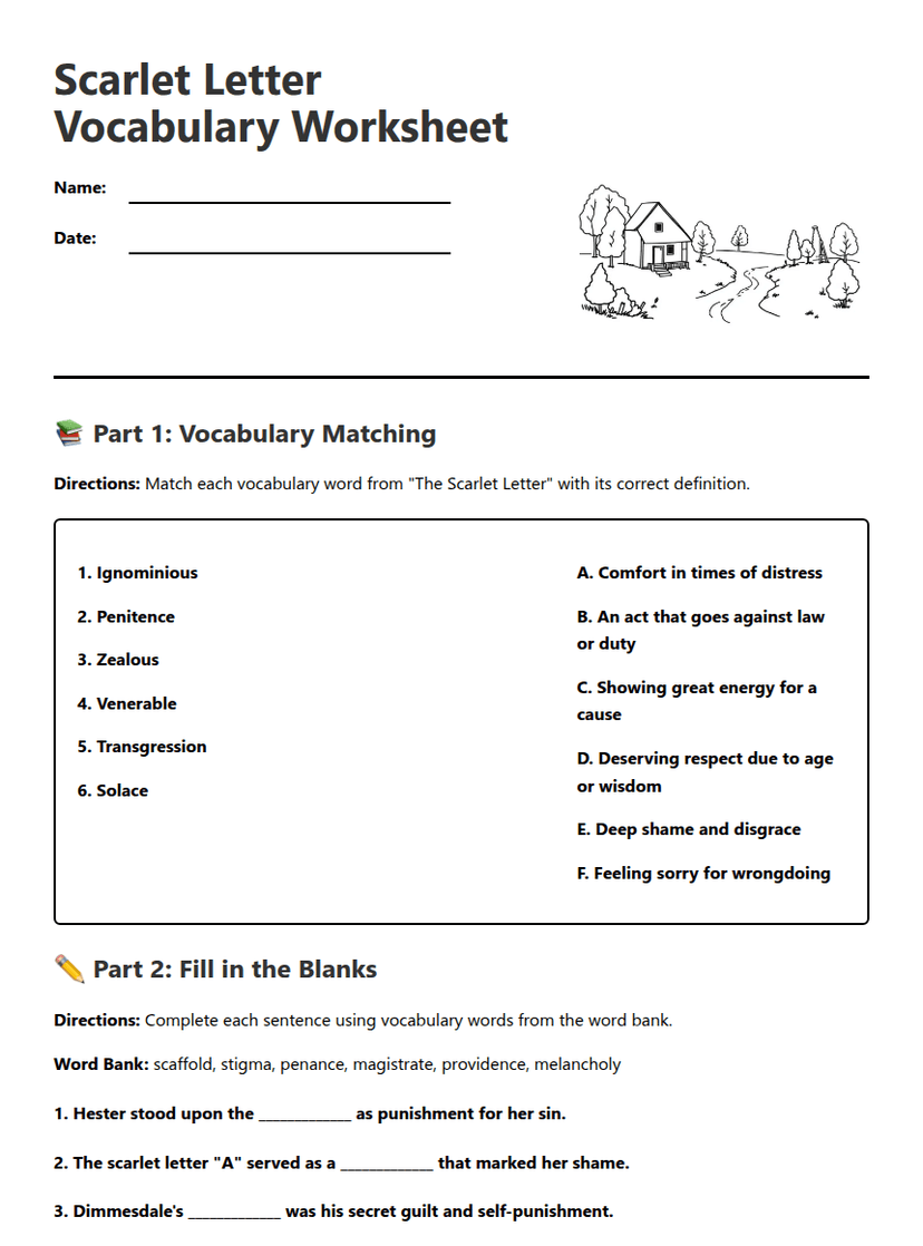 Scarlet Letter Vocabulary Worksheet