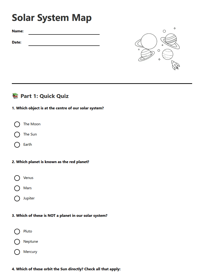 Solar System Map worksheet preview