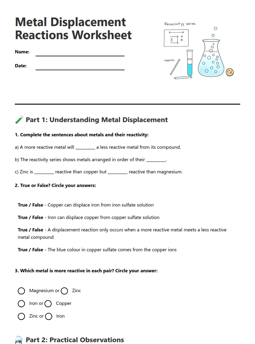 Metal Displacement Reactions Worksheet
