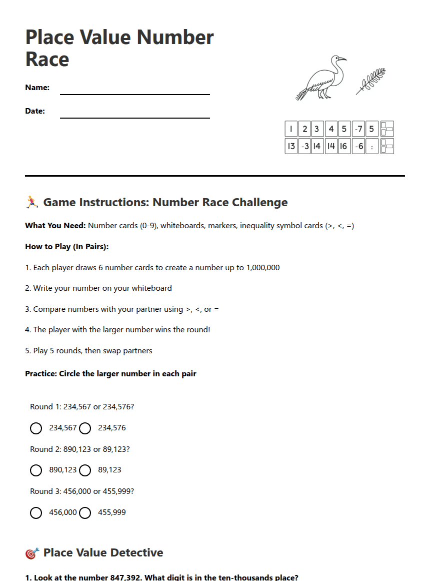 Place Value Number Race worksheet preview