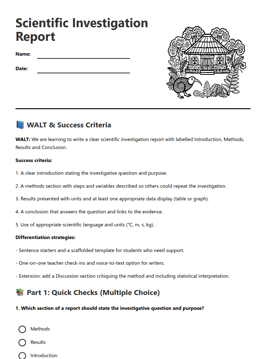 Scientific Investigation Report worksheet preview