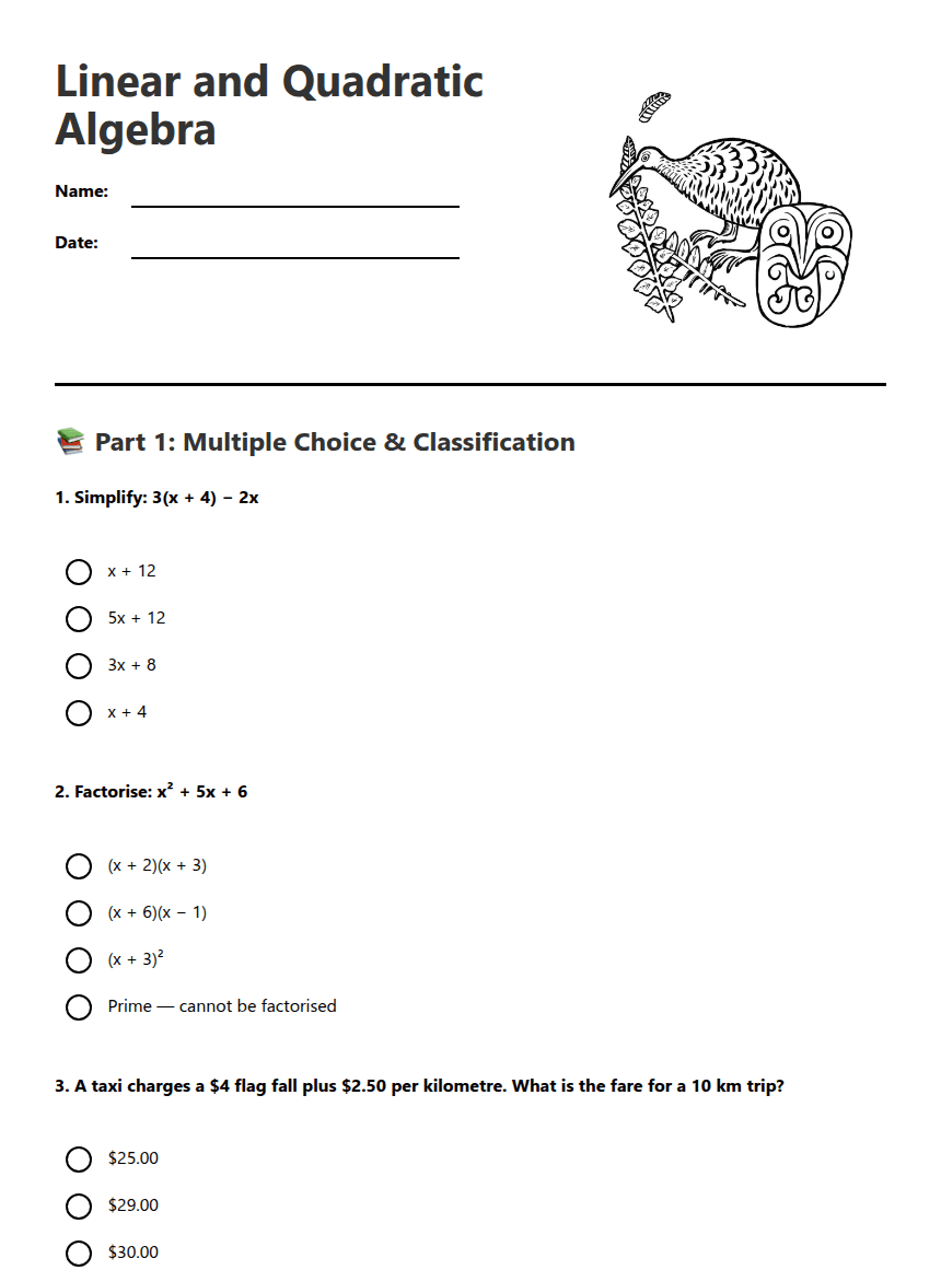 Linear and Quadratic Algebra worksheet preview