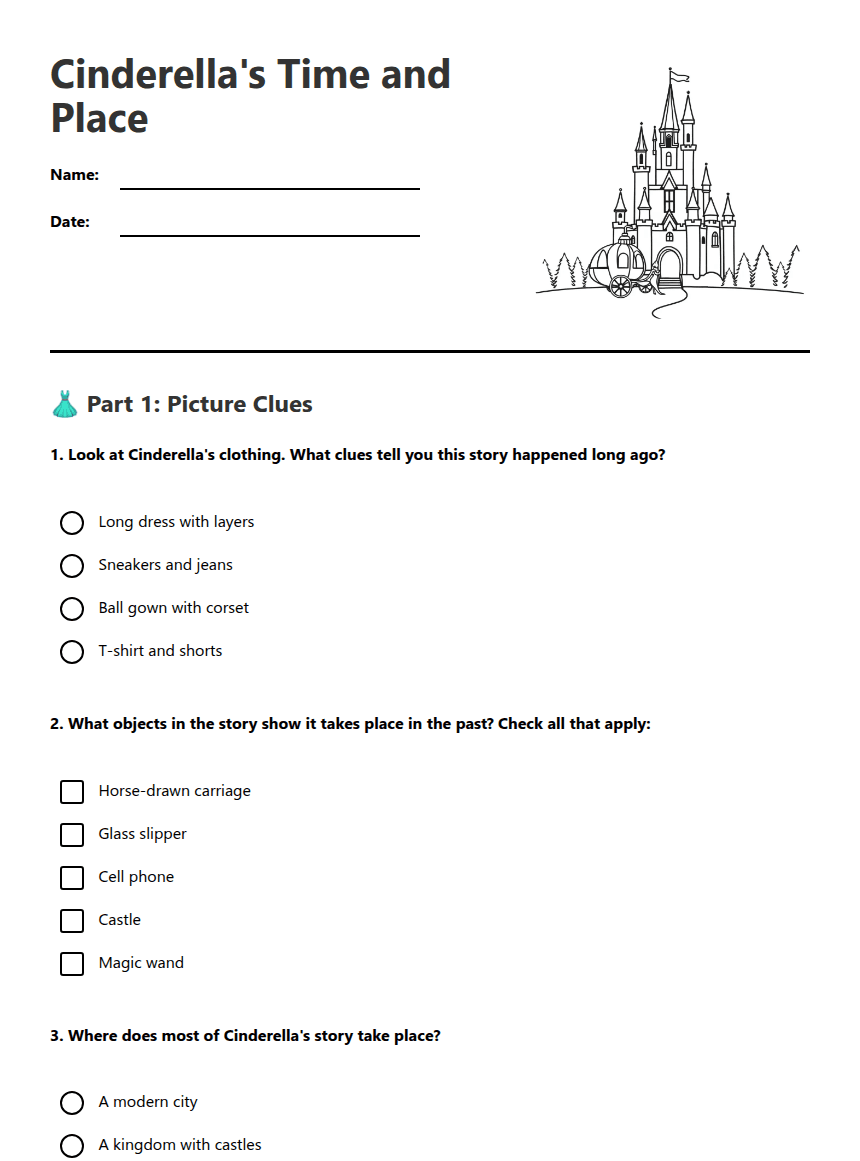 Cinderella's Time and Place worksheet preview