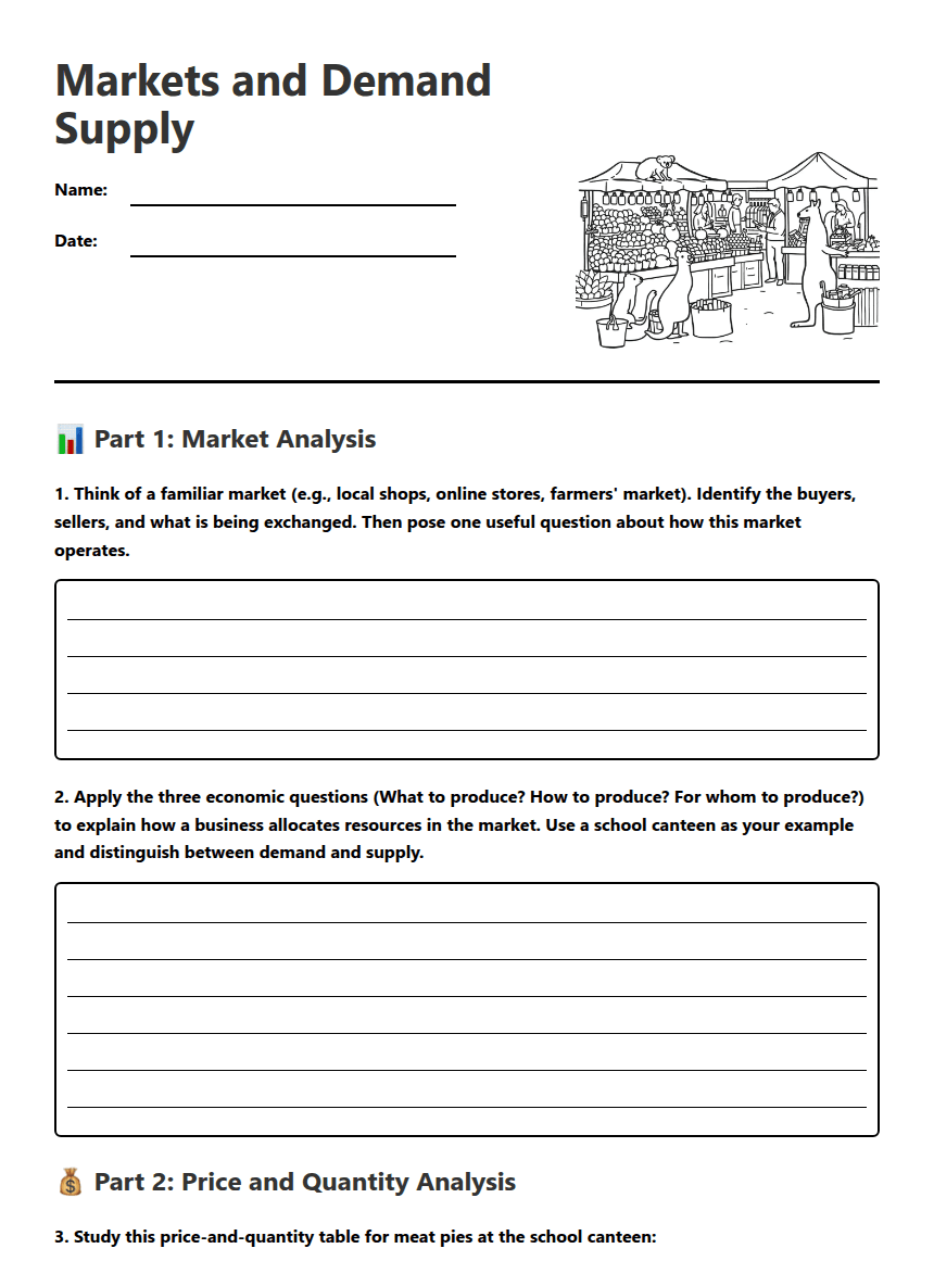 Markets and Demand Supply worksheet preview