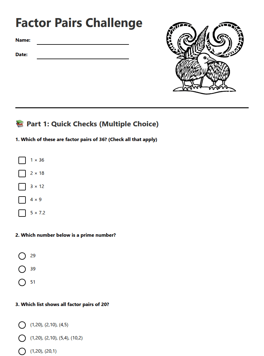 Factor Pairs Challenge worksheet preview