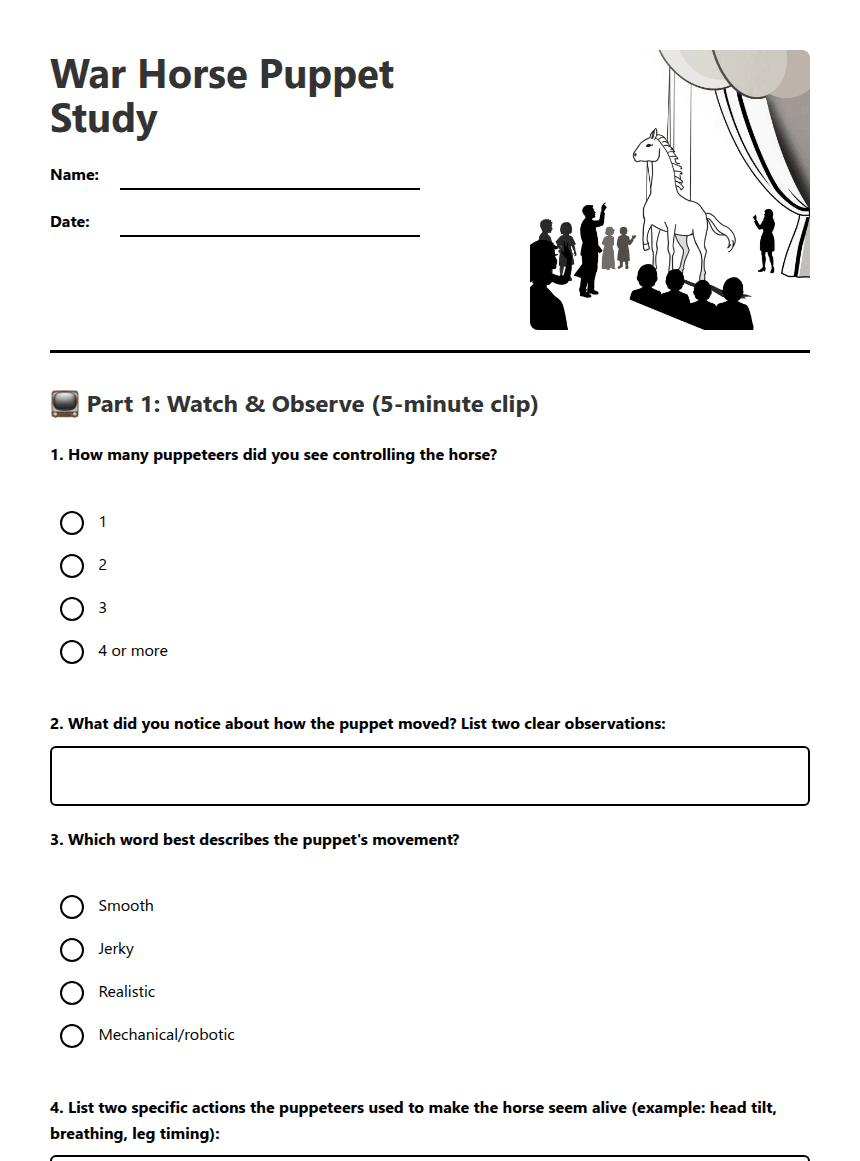 War Horse Puppet Study worksheet preview