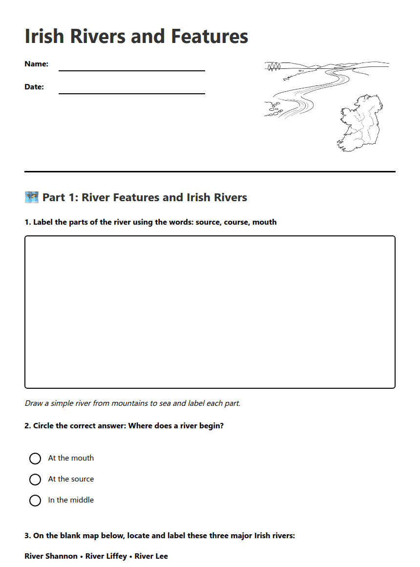 Irish Rivers and Features worksheet preview