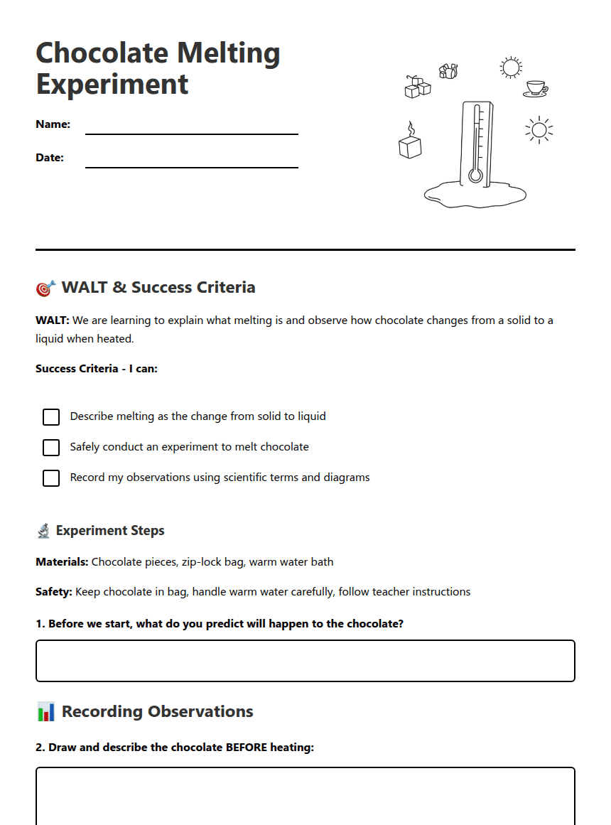 Chocolate Melting Experiment worksheet preview