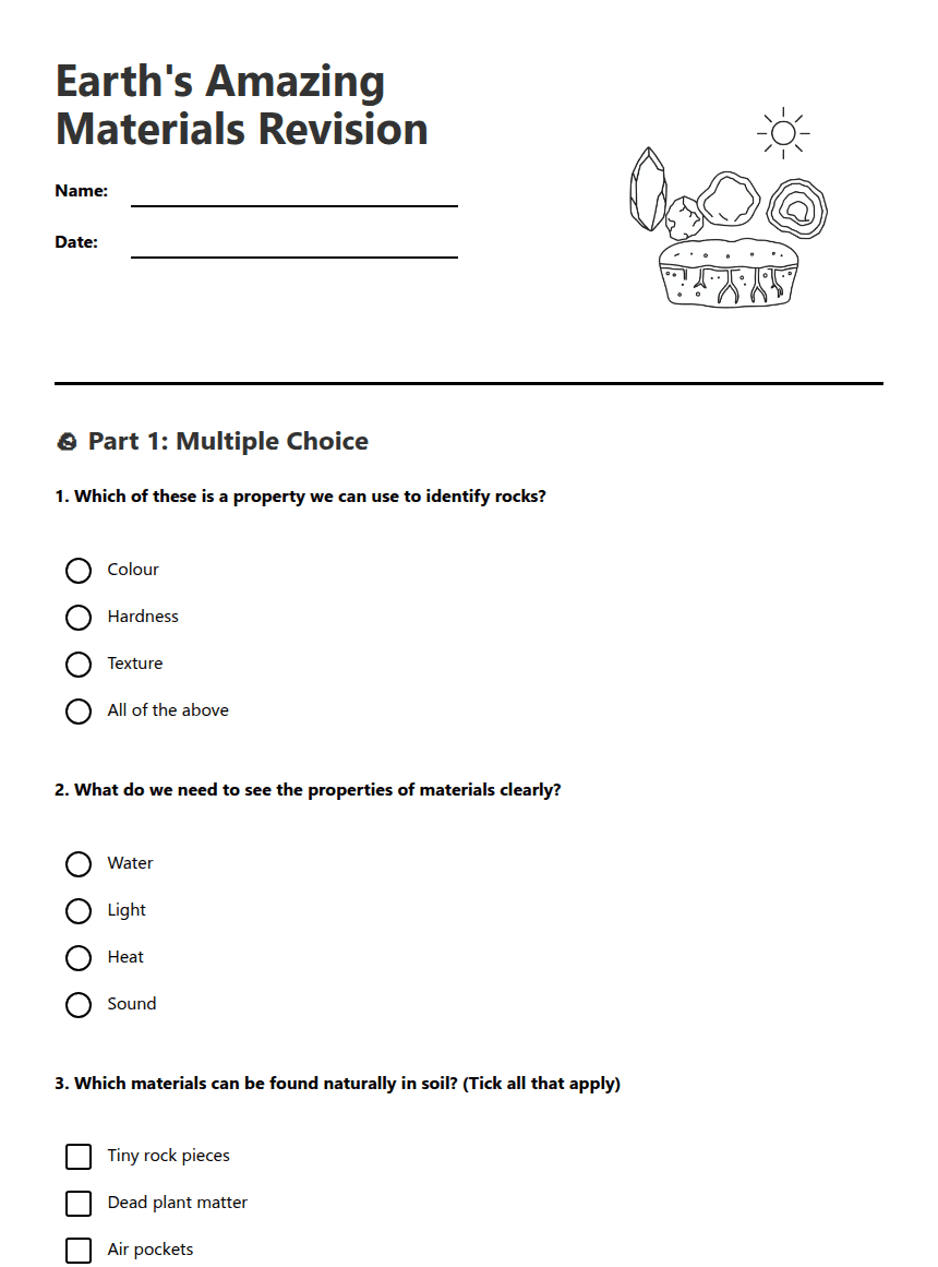 Earth's Amazing Materials Revision worksheet preview
