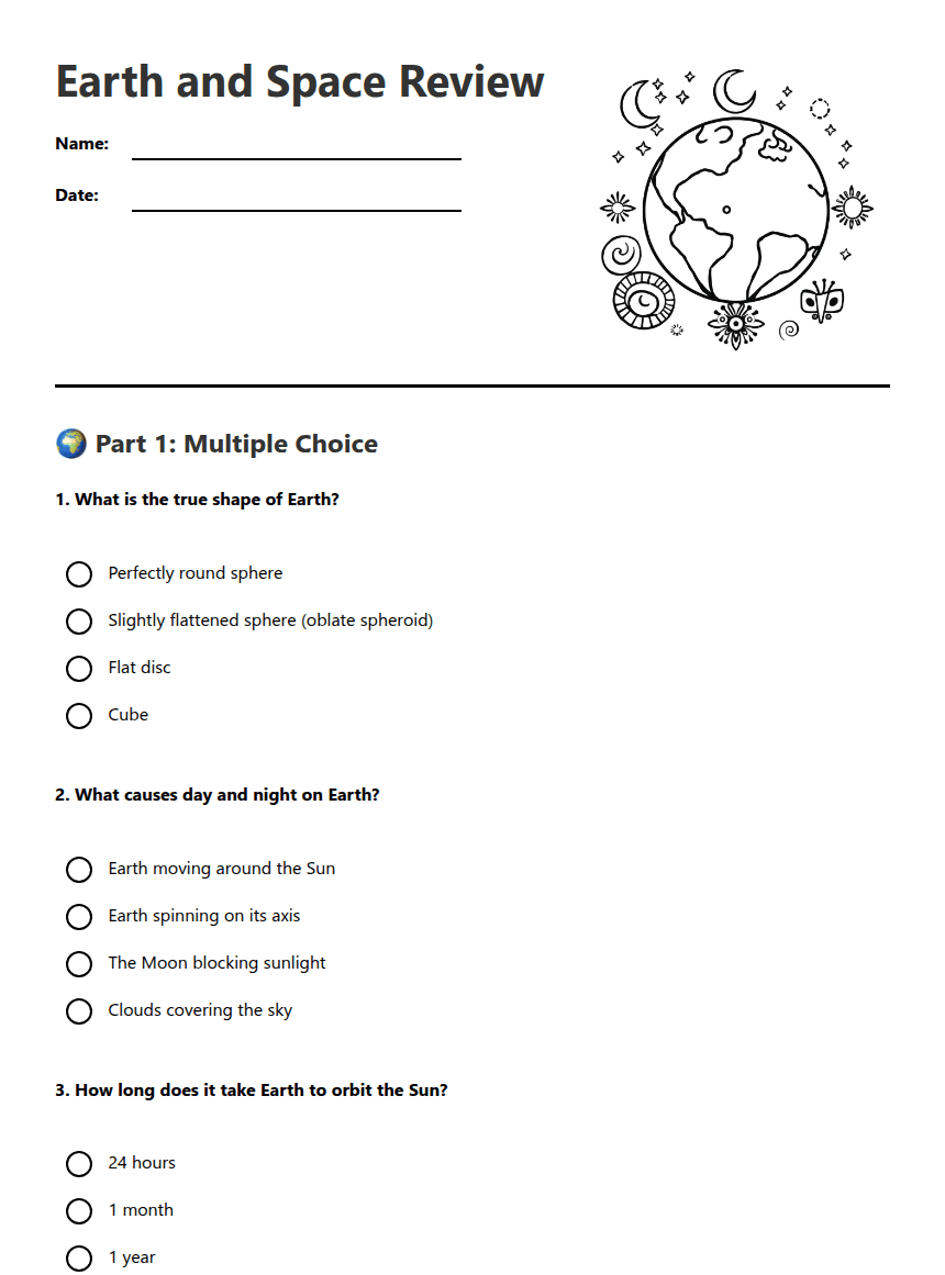 Earth and Space Review worksheet preview