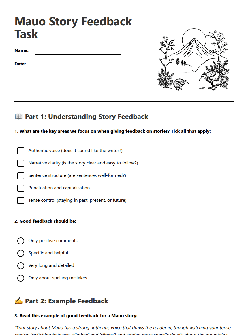 Mauo Story Feedback Task worksheet preview