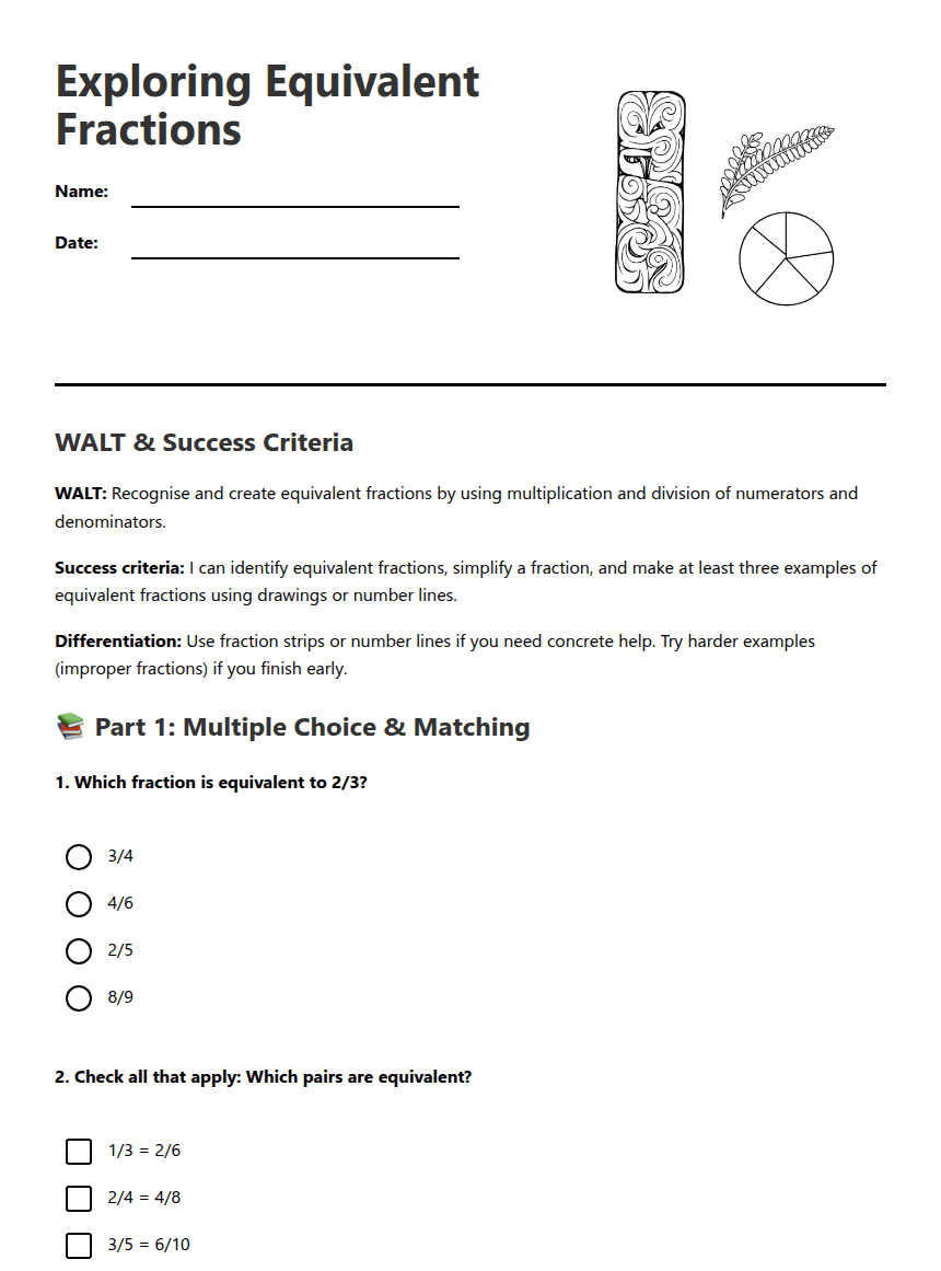 Exploring Equivalent Fractions worksheet preview
